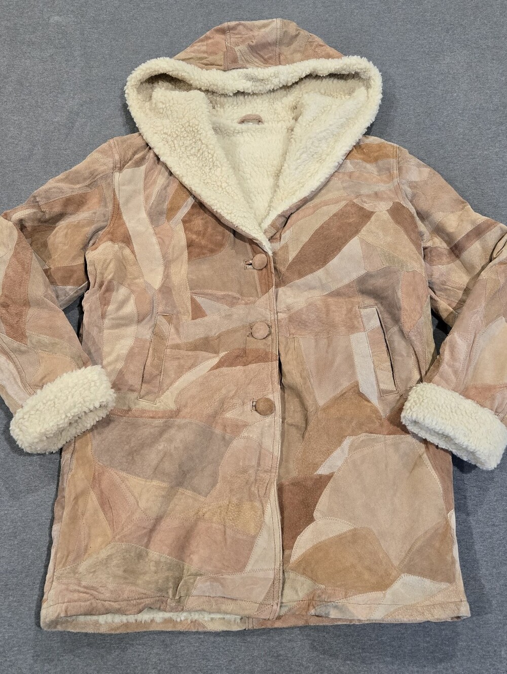 Vintage Suede Patchwork Coat Womens XXL Hooded Fleece Lined Pockets Y2K
